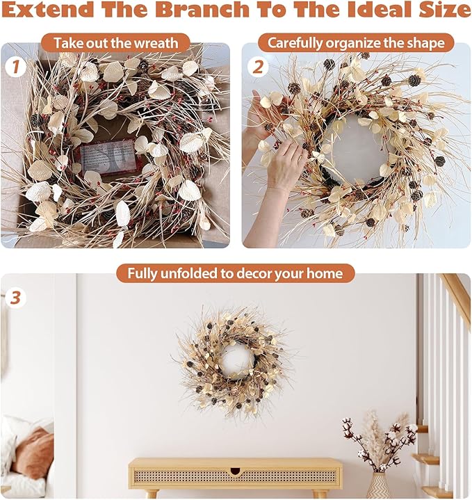 Fall Wreath for Front Door 24 Inch Fall Door Wreaths, Large Autumn Wreath with Berry Pinecones and Raffia, Grapevine Decor for Door Wall Window Home and Halloween Christmas Thanksgiving Decoration