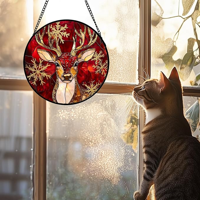 Stained Glass Window Hanging 4 Pcs Set Red Golden Snowflakes 6.3" - Christmas Elk Rabbit Suncatcher Door Garden Sun Catcher Decor Birthday for Mom Woman Nana Men