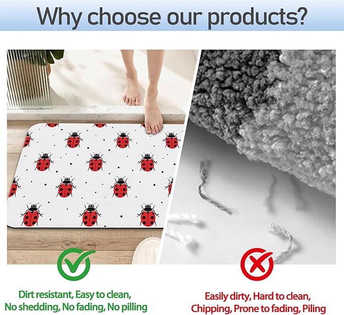 Cute Red Ladybugs Bathroom Rug 29.5"x17", Super Absorbent Fast Drying Bath Mat with Non-Slip Rubber Backing, Thin Low-Profile Easy-Clean Bathroom Floor Mat for Shower or Tub