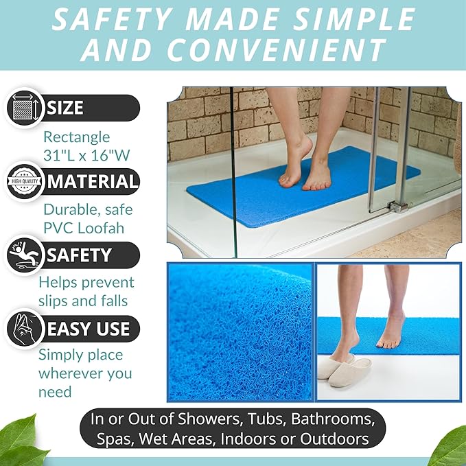 Non Slip Bathtub Mat Shower Mat for Tub - Loofah Bath Mats for Bathroom - 31x16 Bathtub Floor Mat - Textured Anti Slip Bath Mat Without Suction Cups - Secure Mat for Wet Areas (31x16 Blue)