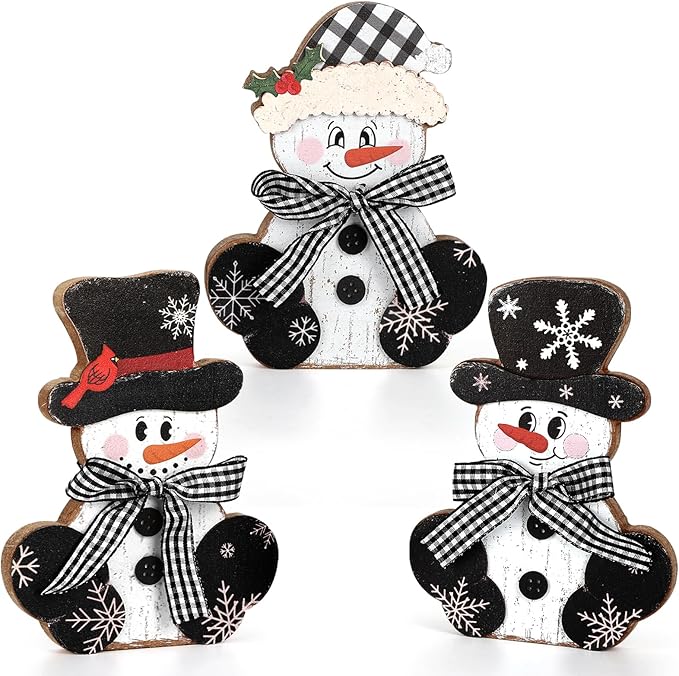 3 Pcs Christmas Wood Centerpieces for Tables Wooden Snowman Table Decor Rustic Merry Xmas Tabletop Signs Block Winter Desktop Decorations Indoor Tiered Tray Office Desk Shelf Home Mantel Holiday Party