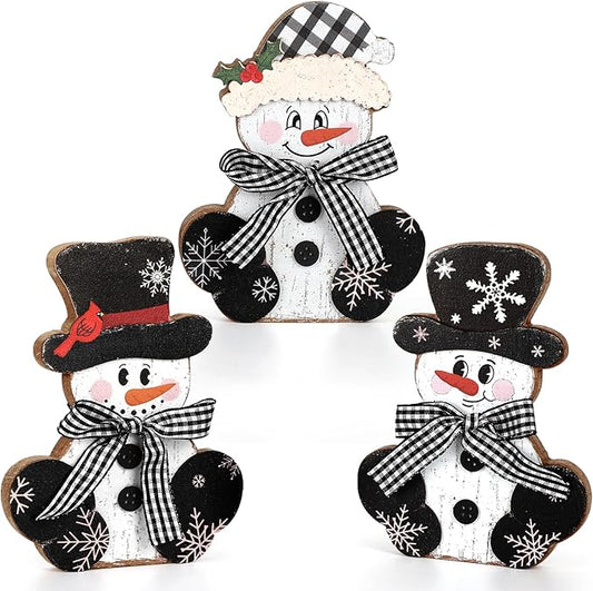 3 Pcs Christmas Wood Centerpieces for Tables Wooden Snowman Table Decor Rustic Merry Xmas Tabletop Signs Block Winter Desktop Decorations Indoor Tiered Tray Office Desk Shelf Home Mantel Holiday Party