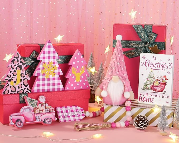 Pink Christmas Tiered Tray Decor 8 PCS Xmas Decorations Indoor - Believe Christmas Wooden Signs & Pink Xmas Gnome Plush Set - Table Decor Tier for Home Kitchen Mantel