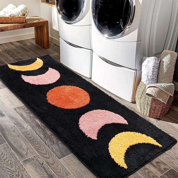 Boho Bathroom Runner Rugs, Moon Phases Bath Mat Long, Non Slip Half Moon Bohemian Rugs Washable, Witchy Bathroom Decor, Water Absorbent Boho Area Rug, Black Bath Mat 50"x20"