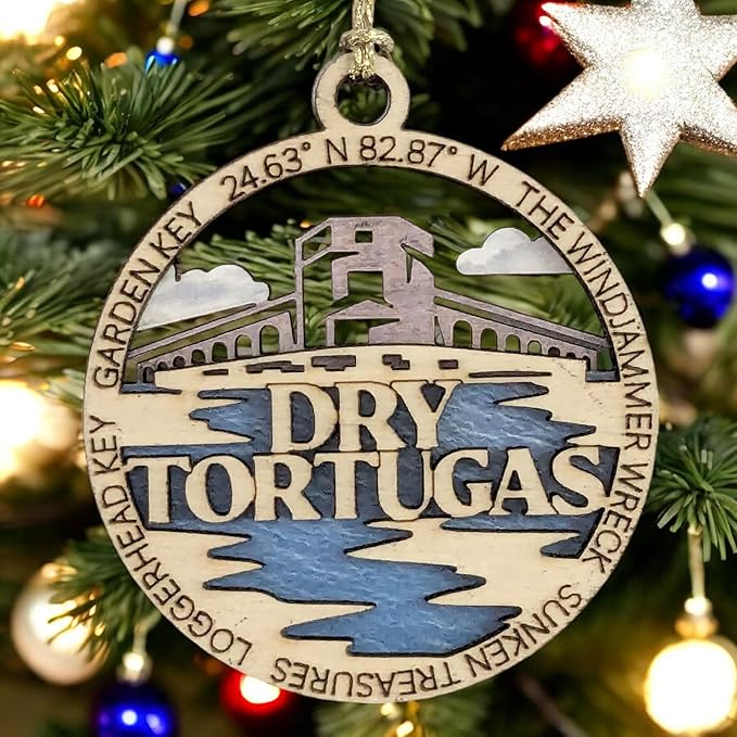 Dry Tortugas National Park Wood Christmas Decoration, Garden Key Fort Jefferson Ornament - 3" Laser Cut with Park Scene