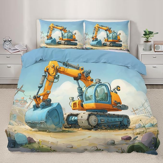 Cartoon Excavator Bedding Set Twin Size Kids Construction Vehicle Duvet Cover Engineering Vehicle Comforter Cover Construction Machinery Comforter Set Soft Microfiber for Bedroom