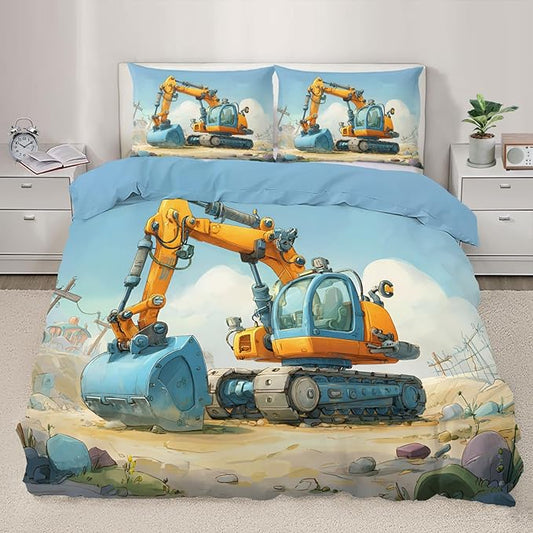 Cartoon Excavator Bedding Set Oversized King Kids Construction Vehicle Duvet Cover Engineering Vehicle Comforter Cover Construction Machinery Bed Set with Pillowcases for Bedroom