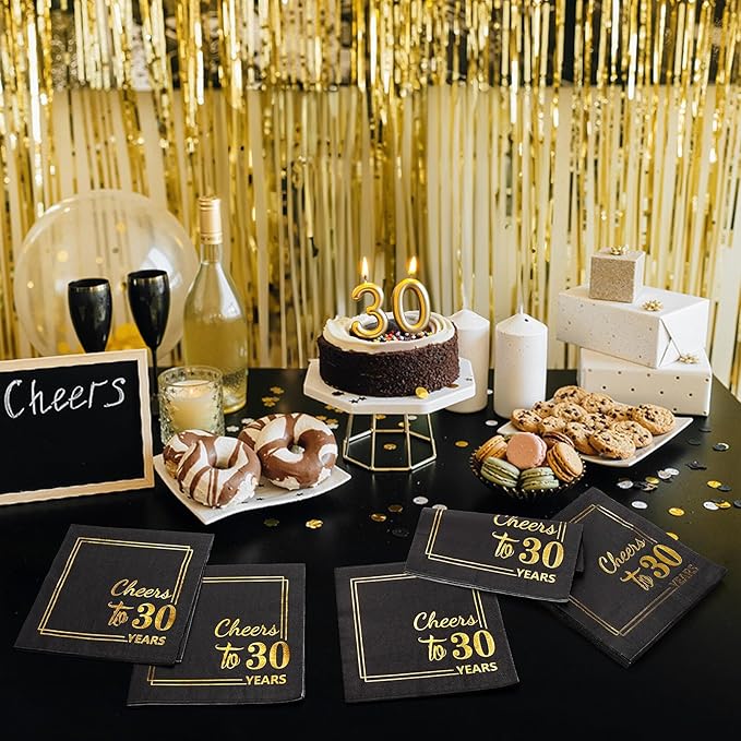 30th Birthday Cocktail Party Napkins-50PCS 13 * 13 inches Cheers to Years Disposable Paper Napkins for Birthday Wedding Anniversary Decorations Party Props Supplies Black and Gold (30th)