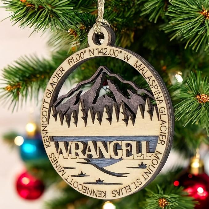Wrangell National Park 3" Wood Ornament - Laser Cut Alaska Scene with Malaspina Glacier - Handmade Decor Made in USA