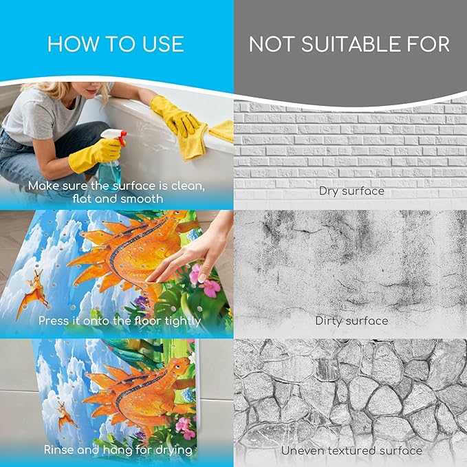 Baby Bath Mat for Tub, Non Slip Kids Bath Shower Mat, 40 X 16 Inch Large Bathtub Mat with Drain Holes and Suction Cups for Toddlers, Machine Washable and Waterproof (Dinosaur)