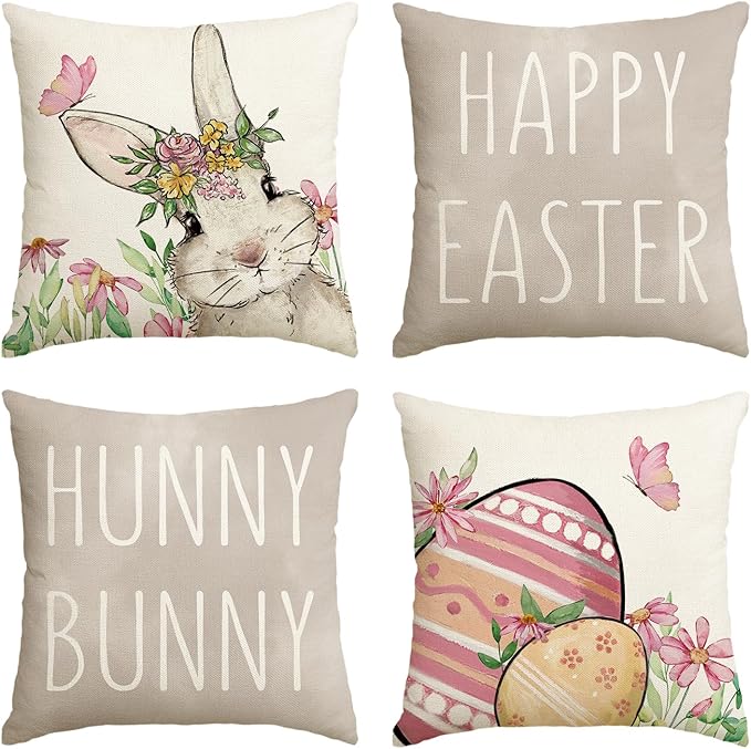 AVOIN colorlife Happy Easter Hunny Bunny Grey Throw Pillow Covers, 18 x 18 Inch Easter Eggs Bunny Spring Cushion Case for Sofa Couch Set of 4