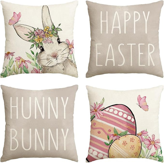 AVOIN colorlife Happy Easter Hunny Bunny Grey Throw Pillow Covers, 18 x 18 Inch Easter Eggs Bunny Spring Cushion Case for Sofa Couch Set of 4