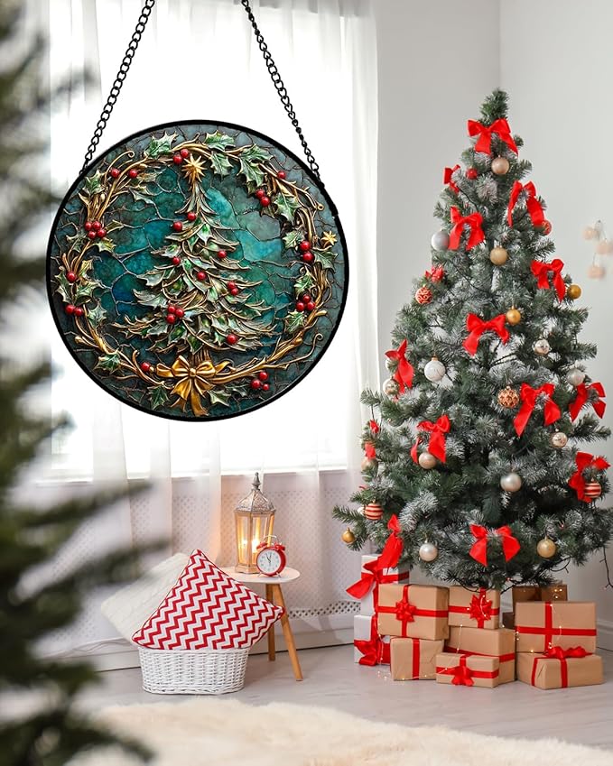 Stained Glass Window Hangings - Red Gold Green Wreath Suncatcher for Door Home Christmas Tree Decoration Sun Catcher Thanksgiving New Year Birthday Gift for Women Men Mom Grandma 9.8 in