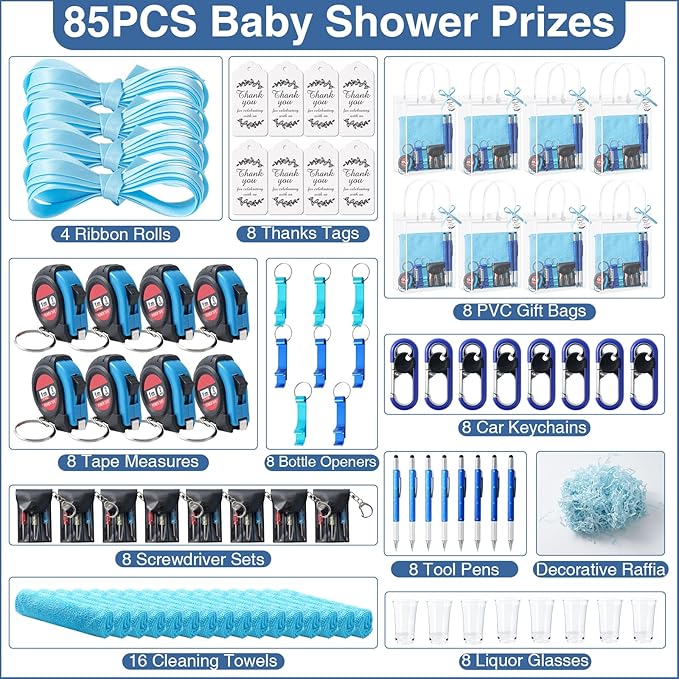 85Pcs Baby Shower Prizes for Men, 8 Sets Winner Gifts with Multi-Tool Pen, Screwdriver, Tape Measure, Bottle Opener, Keychain, Cleaning Cloth & Gift Bags for Winner Bachelor Party Favors (85)