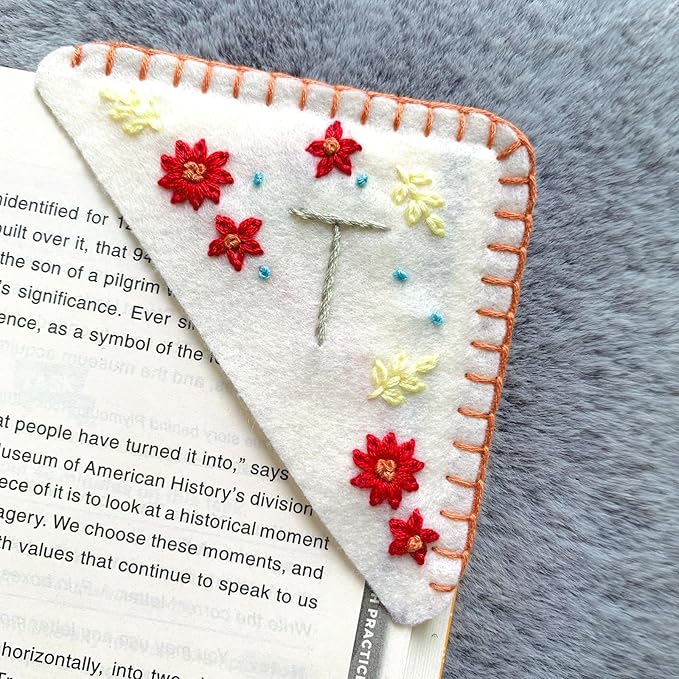 Personalized Hand Embroidered Corner Bookmark, Cute Flower Book Mark, Hand Stitch Gift for Women Book Lovers by HNQCPCVU (T, White)