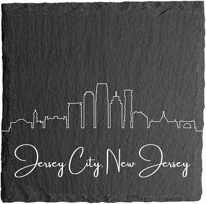 Blue Ridge Mountain Gifts - Jersey City NJ Skyline Coasters, Set of 4 - Jersey City New Jersey Souvenir, Slate Coasters with Minimalist Skyline, Housewarming Gift for Friends, Family, & Neighbors