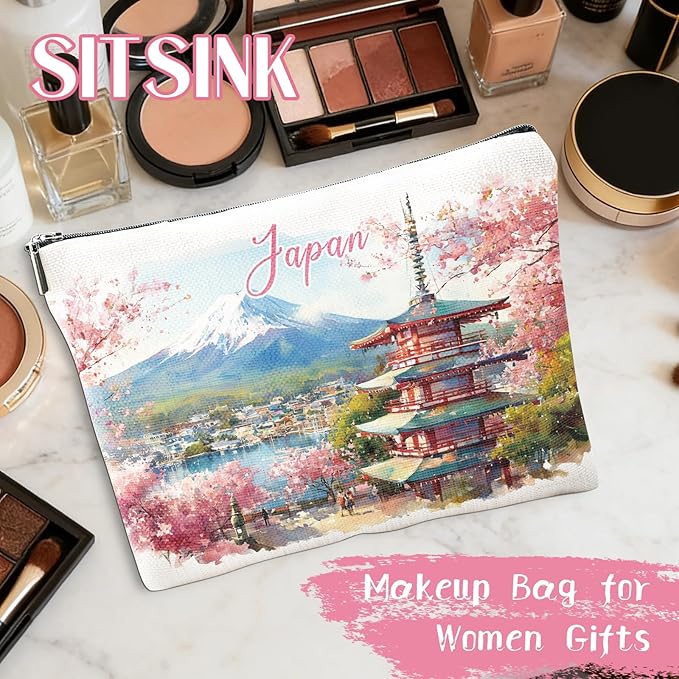 Japan Bags Travel Souvenir Gift - Japanese Gifts Mont Fuji Cherry Blossom Scenery Design Makeup Bag for Japan Enthusiasts Travelers, Japanese Pouch Travel Essentials Must Have