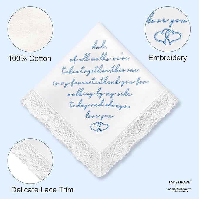 LADY&HOME Something Blue Embroidered Wedding Handkerchief - Mom,Dad,Daughter,Lace Bridal Hankies Wedding Gifts