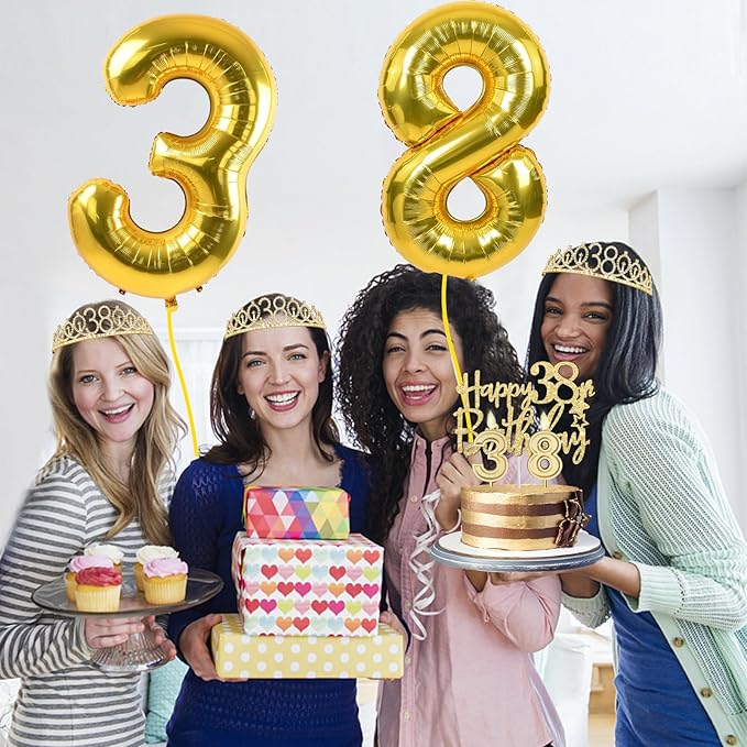38th Birthday Decorations for Women Gold with 38th Birthday Sash and Tiara, Cake Topper and Candles, Number Balloons, 38 Year Old Gifts for Women