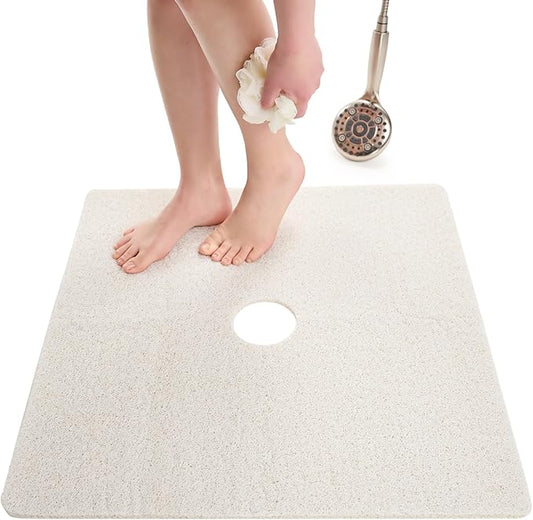 Enkosi Loofah Shower Mat with Drain Hole – Cushioned Anti-Slip Square Bath Mat for Showers, and Bathroom Floors – Textured PVC, Non Slip Safety Pad for Walk-in Stalls and Wet Areas (27x27 White)