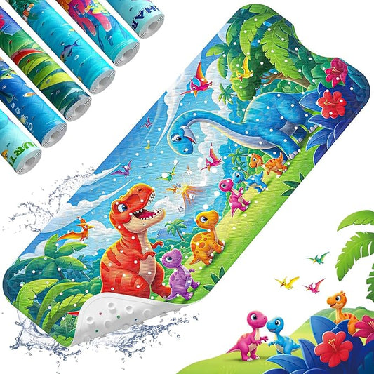 XIYUNTE Baby Bath Mat for Tub Non Slip Kids Bath Mat - 40''x16'' Extra Long Cartoon Bathtub Mat Non Slip Kids Shower Mat Eco-Friendly Toddler Bath Mats with Suction Cups, Machine Washable, Dinosaur