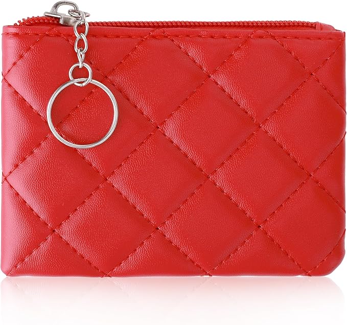 Real Leather Coin Purse with Rhombus Embroidery Zipper Keychain Mini Wallet for Women & Men (Red)