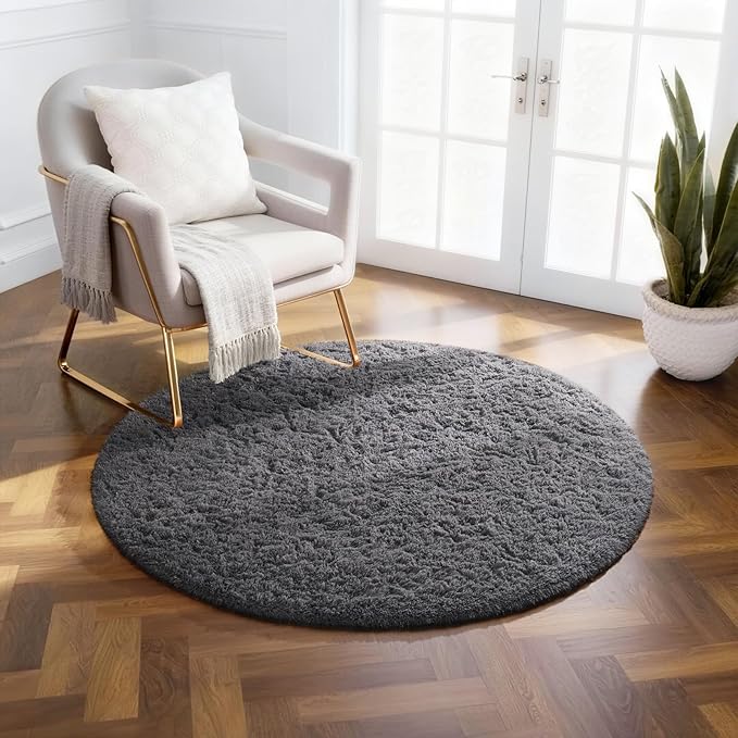 Ophanie Soft Fluffy Shaggy Rugs for Bedroom Living Room Dorm Nursery Home Decor Aesthetic,Color Grey, Size 2' Round