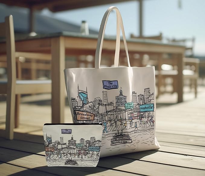 Cities Around the World Artwork Cosmetic Bag Series – Designed in USA, Travel Makeup Bag with Zipper, Souvenir Gift for Women, Artwork Organizer for Purse or Toiletry (Nashville)