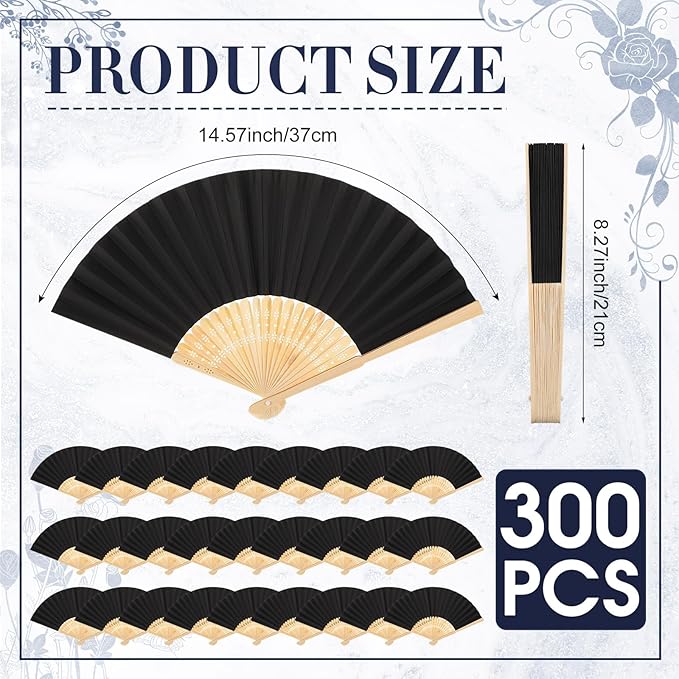 Yinkin 300 Pack Folding Fans Bamboo Handheld Folded Craft Hand Japanese Chinese Fans for Weddings Bridal Dancing Church DIY Decoration Women Gift Party Favors (Black)