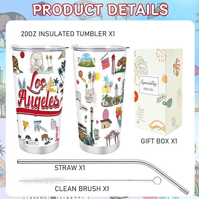 Keluna Los Angeles Souvenirs Gifts - 20Oz Stainless Steel Los Angeles Travel Mug with Lids Straw Brush Insulated, California City Travel Trip Birthday Christmas Mothers Day Gifts for Friend Family