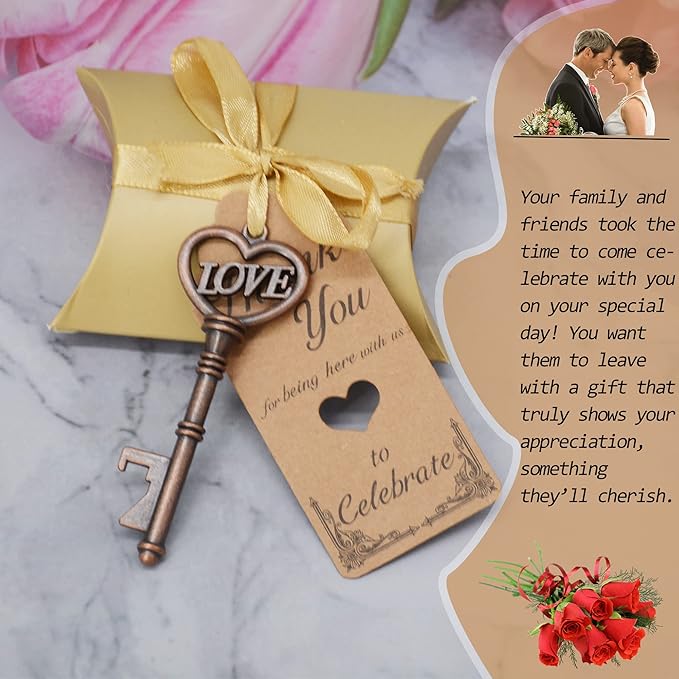 Aokbean 50 pcs Vintage Skeleton LOVE Key Bottle Openers Pillow Candy Box Escort Thank You Tag French Ribbon Wedding Souvenir Gift for Guest (Copper)