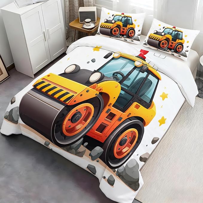 Construction Vehicle Duvet Cover Oversized King Cartoon Road Roller Bedding Set Engineering Truck Comforter Set Construction-Themed Quilt Cover with Zipper Ties for Bedroom
