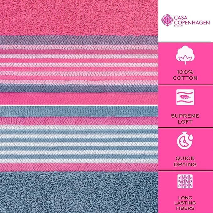 CASA COPENHAGEN He & She 6 Pieces Towel Set- Dusty Blue + Pink, 550 GSM 2 Bath Towel 2 Hand Towel 2 Washcloth, Designed in Denmark Made of Soft Egyptian Cotton for Bathroom, Kitchen & Shower