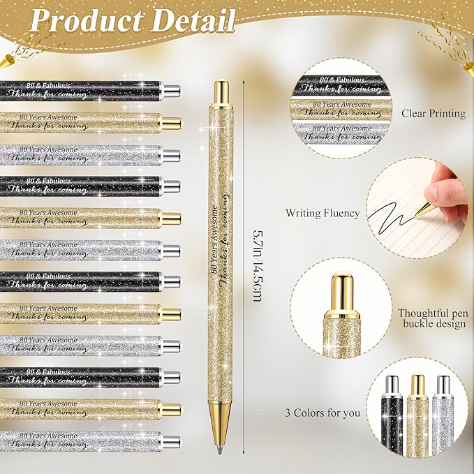 24 Set 80th Birthday Party Favor for Guests Anniversary Appreciation Gifts Birthday Glitter Ballpoint Pen and Thank You Cards for Women Men Years Party Favor Decoration Supplies