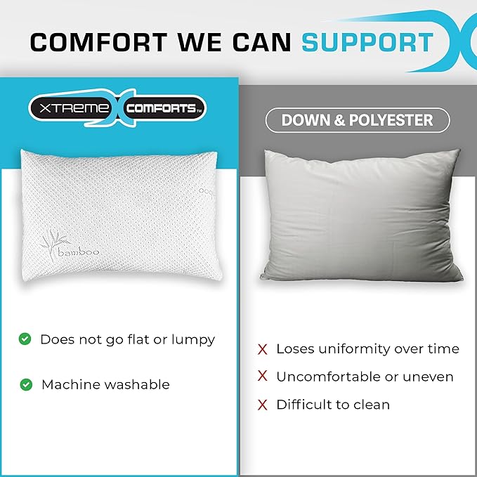 Xtreme Comforts Memory Foam Pillows Made in The USA - Queen Size, Slim Cooling Pillow for Sleeping on Side, Back & Stomach - Firm and Soft Bed Pillows
