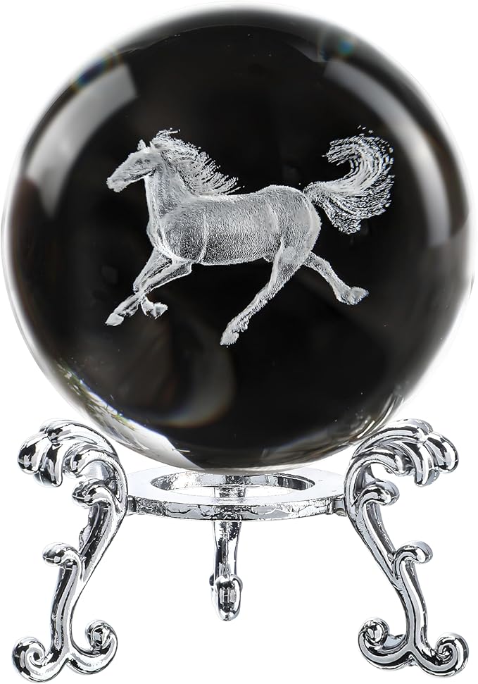 ZEERSHEE 60mm 3D Horse Crystal Ball Figurines with Stand Chinese Zodiac Glass Ball Feng Shui Sphere Home Table Decor