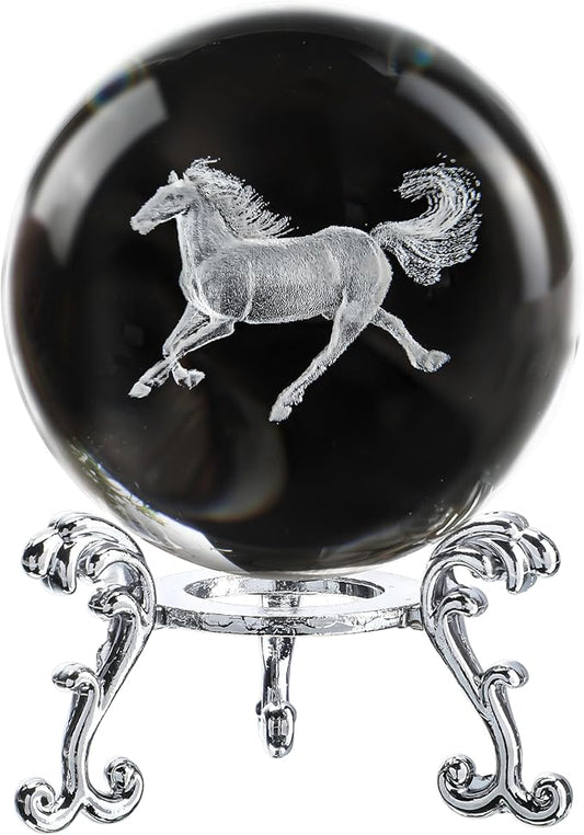 ZEERSHEE 60mm 3D Horse Crystal Ball Figurines with Stand Chinese Zodiac Glass Ball Feng Shui Sphere Home Table Decor