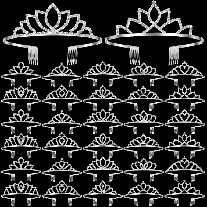 Lyrow 30 Pcs Tiara Crowns for Women Bulk Galentines Day Party Favors Crystal Queen Crowns with Comb Headband Silver Princess Tiaras for Birthday Wedding Halloween Christmas(Beautiful Style)