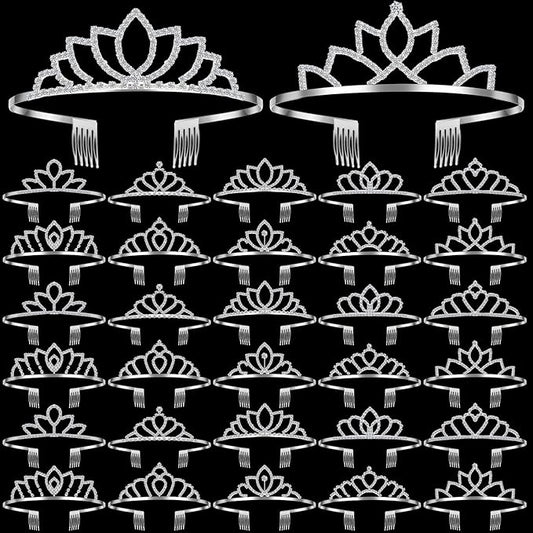 Lyrow 30 Pcs Tiara Crowns for Women Bulk Galentines Day Party Favors Crystal Queen Crowns with Comb Headband Silver Princess Tiaras for Birthday Wedding Halloween Christmas(Beautiful Style)