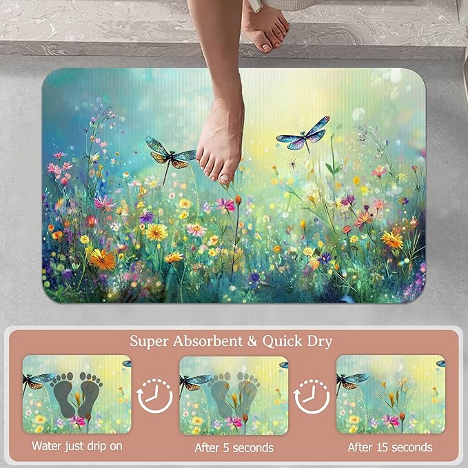 Non Slip Bath Mat,Dragonfly Bathroom Decor,Colorful Flowers Diatomaceous Bath Mat Quick Dry Absorbent Bathroom Rugs-Shower Rug for Kitchen Laundry Bathtub Shower 17"x29.5"