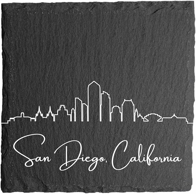 Blue Ridge Mountain Gifts - San Diego CA Skyline Coasters, Set of 4 - San Diego California Souvenir, Slate Coasters with Minimalist Skyline, Housewarming Gift for Friends, Family, & Neighbors