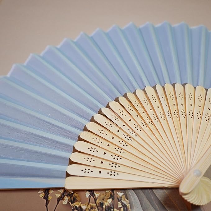 Personalized Engraved Silk Fans Folding Hand Fans with Organza Bags, 53Pcs Light Blue Summer Wedding Fans, Custom Imitated Silk-Bamboo Fans for Guests Wedding Party Favor Bridal Shower Gifts