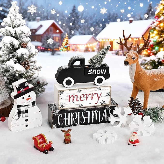 Yinhua Christmas Decorations Indoor, Christmas Table Decor, Black Truck Snowman Decorations with Xmas Tree & Snowflakes, Farmhouse Wooden Block Sign, Xmas Mantel Decor for Tiered Tray, Desk, Bookshelf