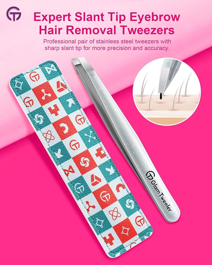 Expert Slant Tip Tweezers with Leather Case, GlamTweeler Sharp & Precision Stainless Steel Tweezer for Eyebrows, Facial Hair and Fine Hairs Removal (Sparkle Silver)