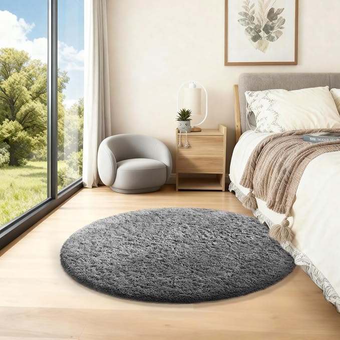 Ophanie Soft Fluffy Shaggy Rugs for Bedroom Living Room Dorm Nursery Home Decor Aesthetic,Color Grey, Size 2' Round