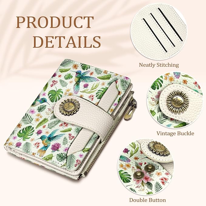 Hummingbird Small Wallet Women RFID Blocking Bifold, Cute Credit Card Holder, Zipper Coin Pocket, PU Leather, Compact, Travel, 4 ID Window, 14 Card Slots, Cash Purse, Ladies Woman Female Girls