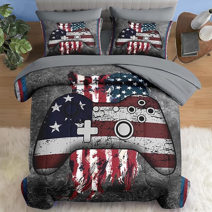 Comforter Set King Size, Gamepad 4Th July Funny 7 Pcs Bedding for Kids and Adults, American Flag Bed Sheet Sets with Fitted Sheet 2 Pillowcases & 2 Shams for Bedroom Bed Decor