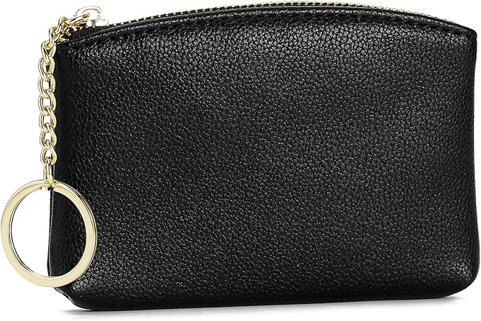 WOZEAH Artificial Leather Coin Purse Change Purse With Key Chain Ring Zipper For Men Women (A Black)