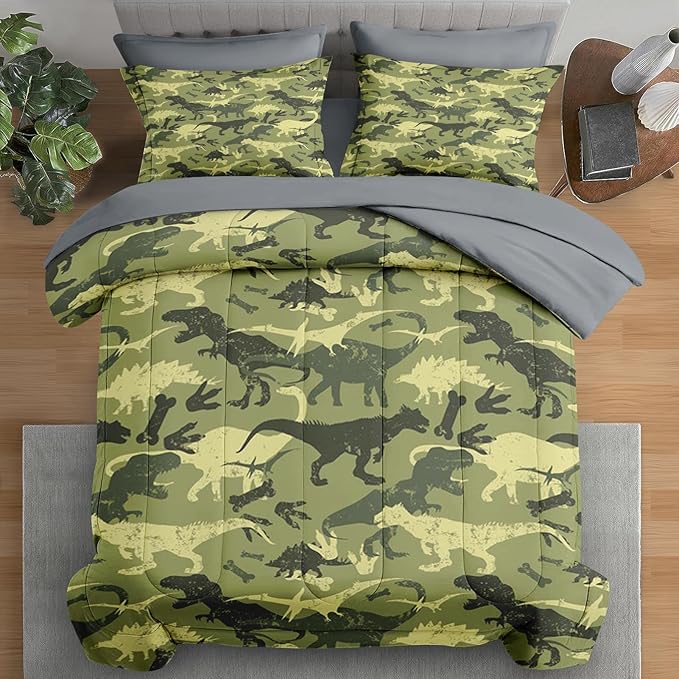 Comforter Set King Size, Camouflage Dino Dinosaur 7 Pcs Bedding for Kids and Adults, Cute Funny Green Bed Sheet Sets with Fitted Sheet 2 Pillowcases & 2 Shams for Bedroom Bed Decor