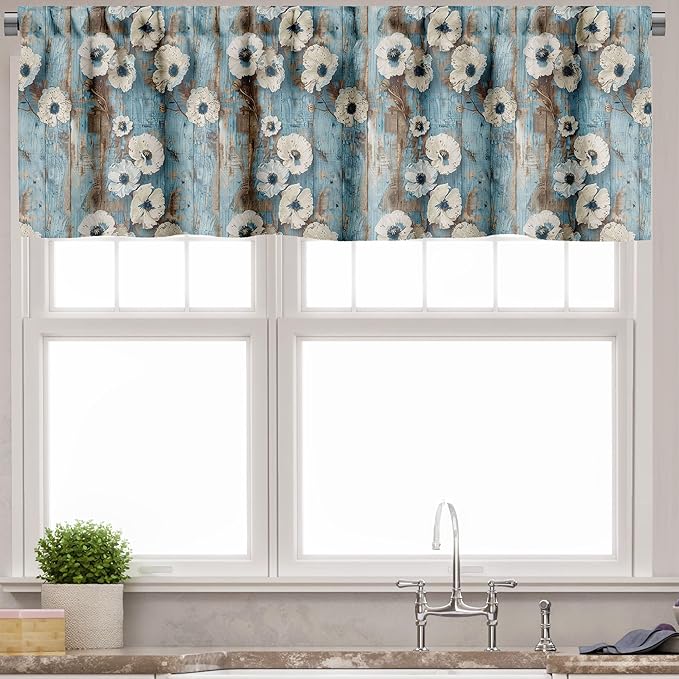 Ambesonne Floral Valance & Tier Curtain 3 pcs Set, Vintage Weathered Paint of Poppy Flowers on Vertical Wooden Planks, Window Treatments for Kitchen Room Decor, 55" x 45", Coconut Pale Blue and Dusk